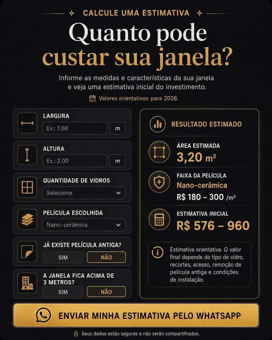 Calculadora vertical de preço para película residencial com campos de largura, altura, quantidade de vidros e estimativa inicial de investimento.