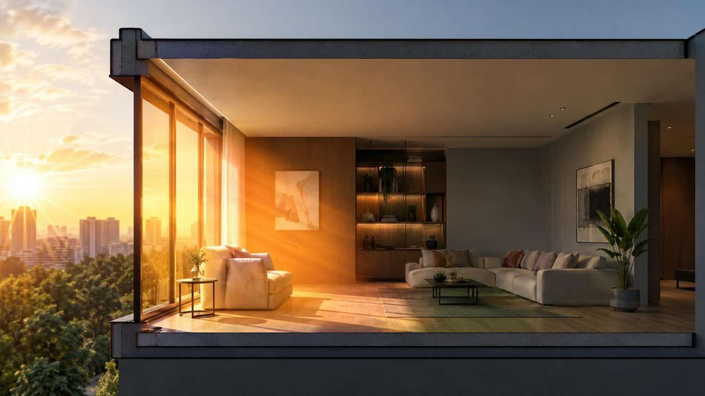 Corte arquitetônico mostrando incidência solar mais intensa próximo à janela e uma área mais protegida no interior da sala