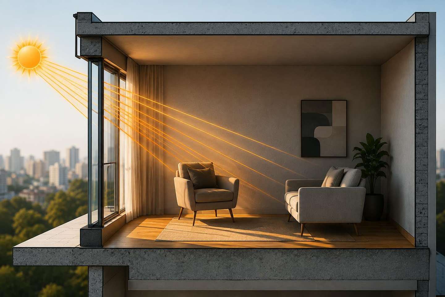 Corte lateral de uma sala mostrando radiação solar atravessando uma janela e atingindo móveis próximos