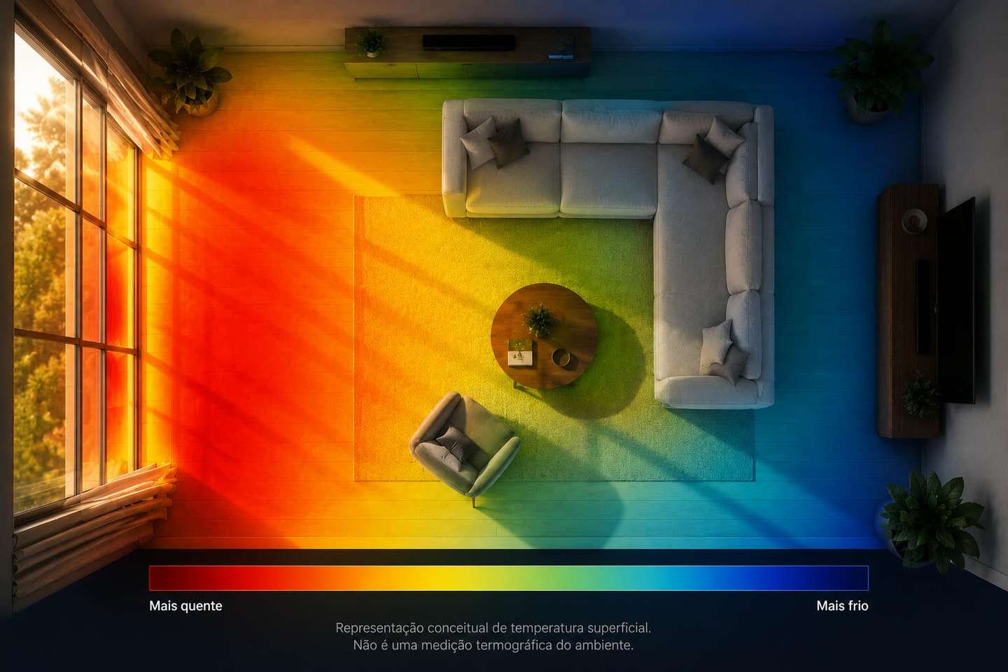 Mapa térmico conceitual mostrando maior exposição próxima à janela e gradiente em direção ao interior da sala