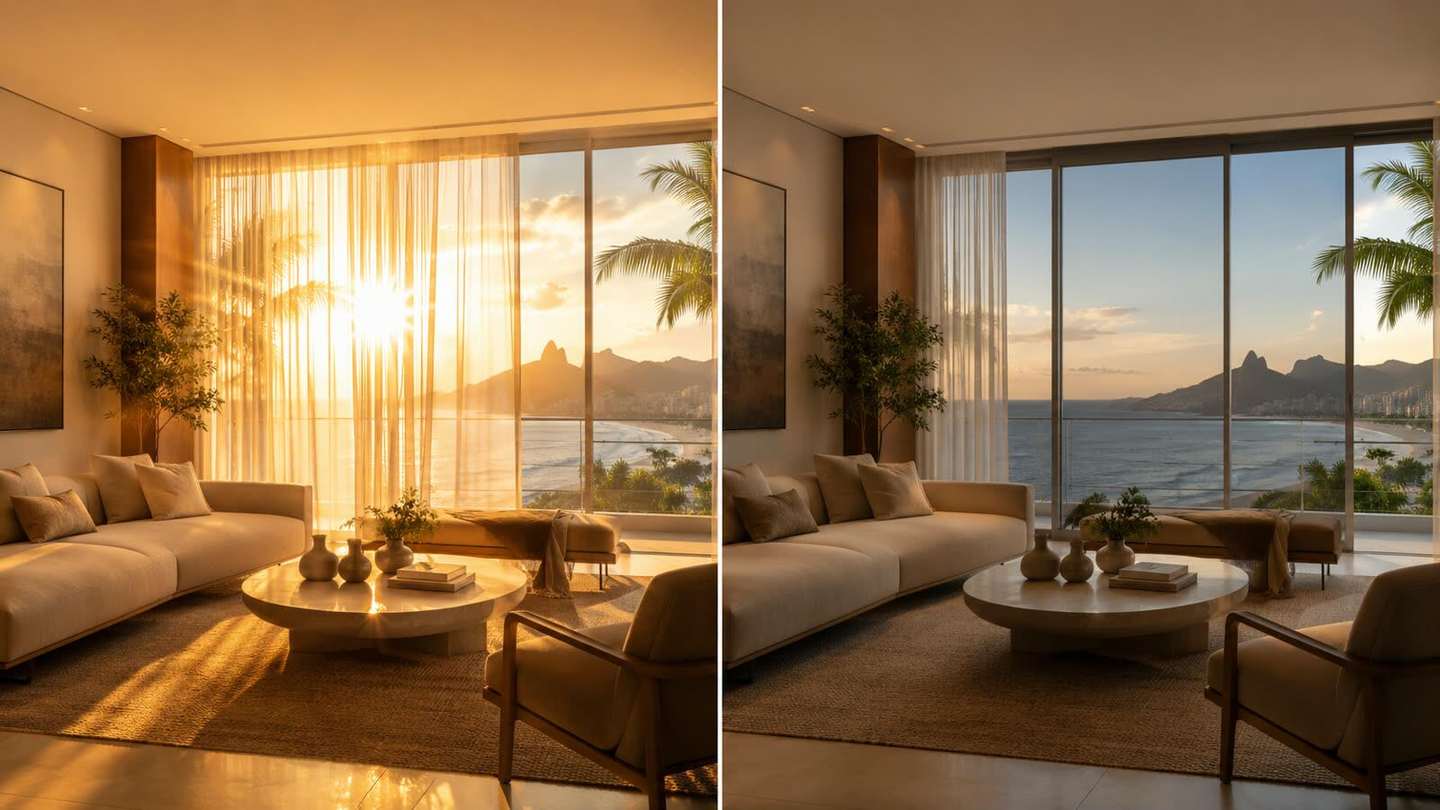 Comparação conceitual entre controle interno com cortina e controle solar aplicado ao vidro
