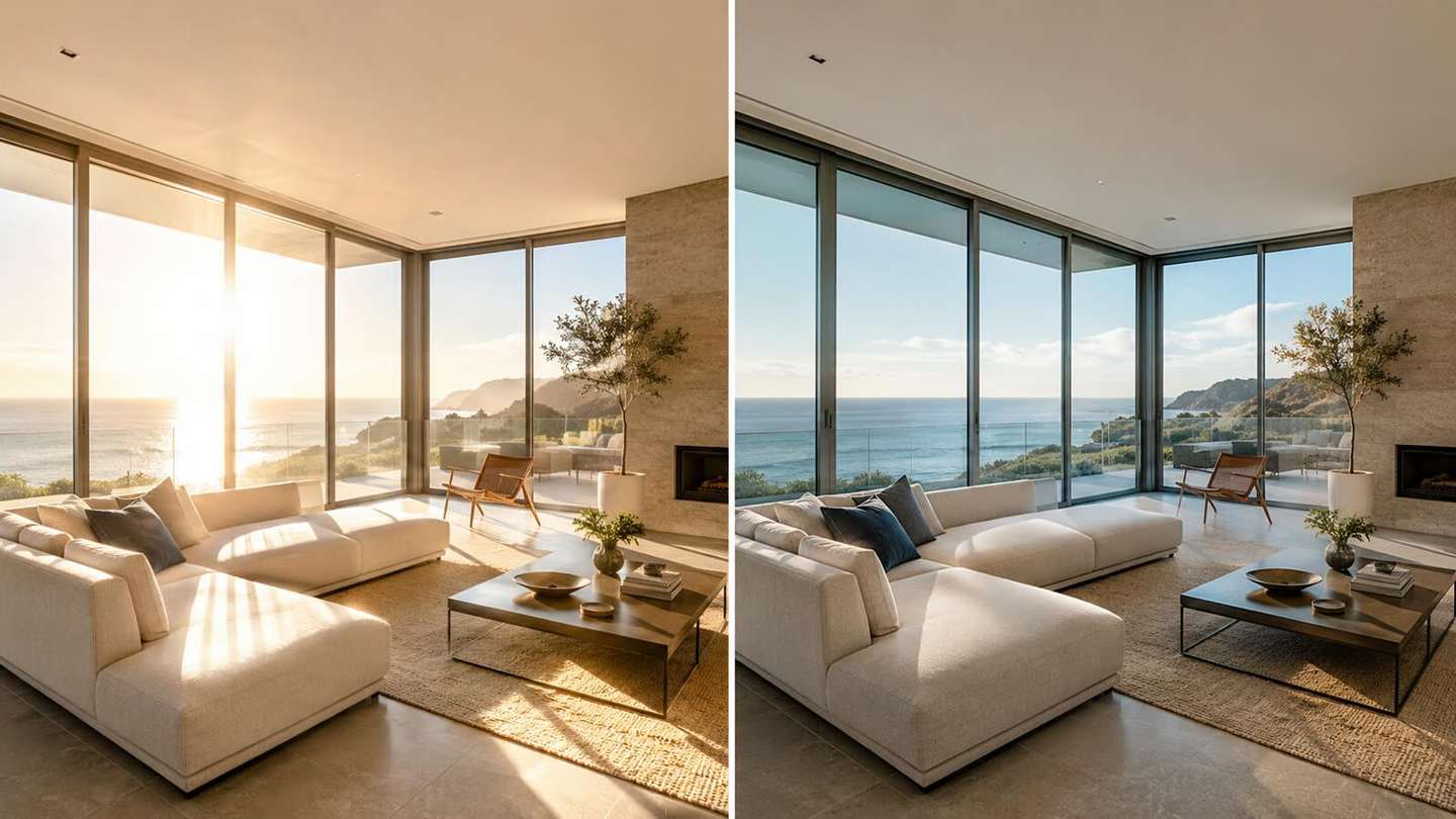 Comparação conceitual do mesmo ambiente com maior e menor incidência solar através dos vidros