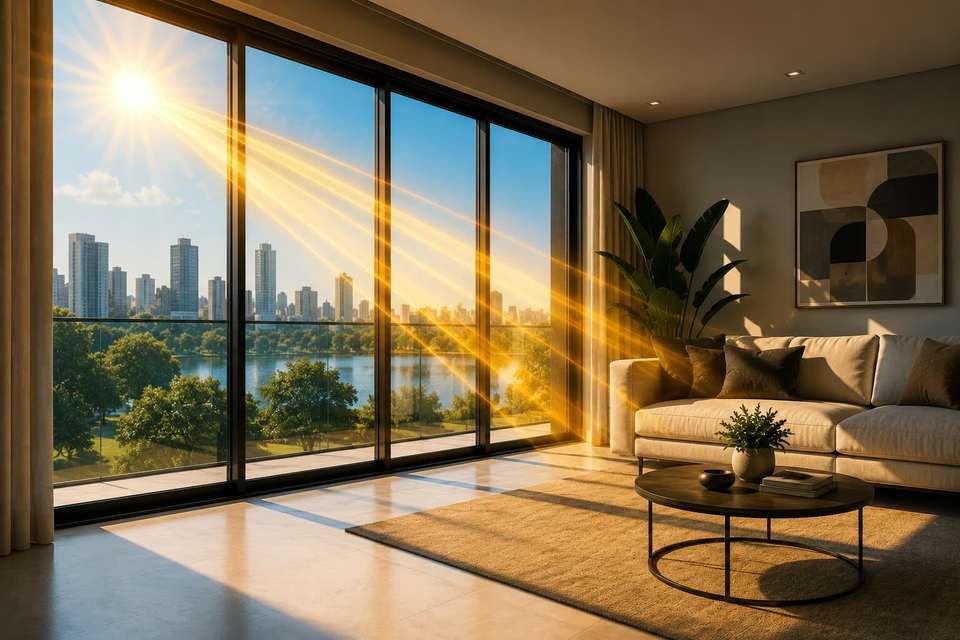Luz solar direta atravessando um vidro transparente e alcançando o interior de um ambiente