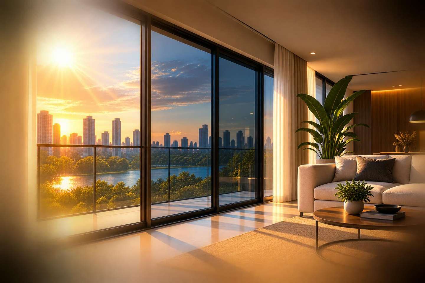 Ambiente residencial com grande fachada de vidro e forte incidência solar externa