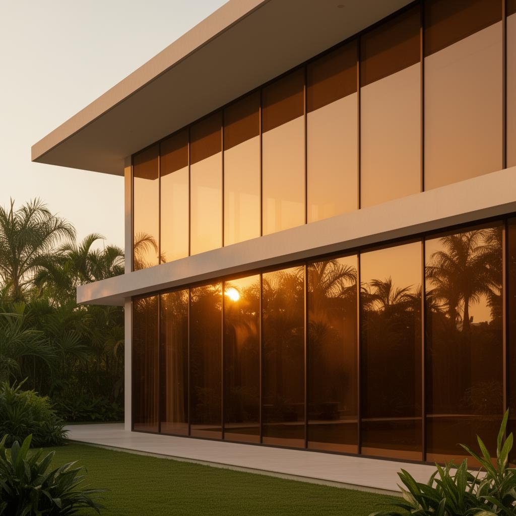 Casa contemporânea com película espelhada bronze ao pôr do sol