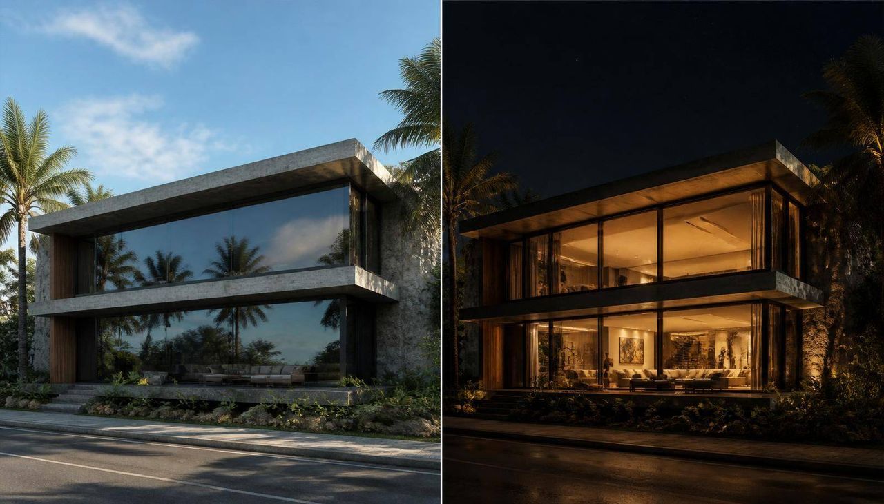 Comparativo dia e noite: mesma casa moderna com película — de dia o vidro oculta o interior, de noite com luz acesa o interior fica visível