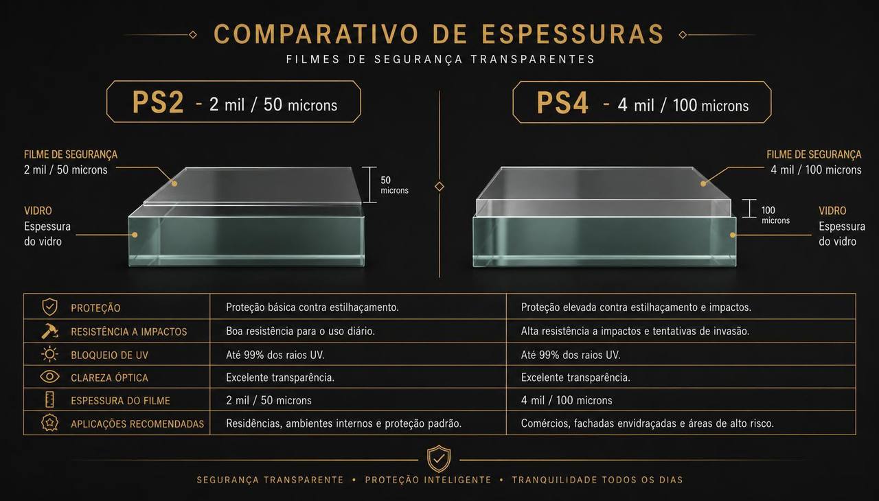 Infográfico comparando a espessura da película de segurança PS2 (2 mil / 50 microns) e PS4 (4 mil / 100 microns) sobre o vidro
